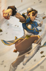 Rule 34 | 1girl, blackgaruda, blue dress, boots, bracelet, breasts, brown eyes, brown hair, brown pantyhose, bun cover, capcom, china dress, chinese clothes, chun-li, cross-laced footwear, double bun, dress, earrings, eyeshadow, falling leaves, fighting stance, hair bun, highres, jewelry, knee up, large breasts, leaf, makeup, martial arts, outstretched arms, pantyhose, parted lips, pelvic curtain, puffy short sleeves, puffy sleeves, sash, short sleeves, side slit, spiked bracelet, spikes, street fighter, thick thighs, thighs, white footwear