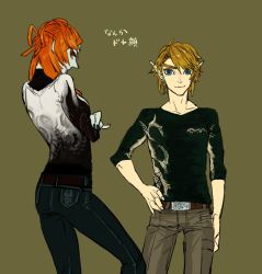 Rule 34 | 1boy, 1girl, bad id, bad pixiv id, belt, blonde hair, blue eyes, contemporary, earrings, height difference, jewelry, link, midna, midna (true), nintendo, orange hair, pinky out, pointy ears, red eyes, red hair, shirt, spoilers, t-shirt, the legend of zelda, the legend of zelda: twilight princess, tobacco (tabakokobata), translation request