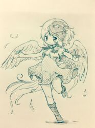 Rule 34 | 1girl, animal, animal on head, arinu, bird, bird on head, bird tail, bird wings, blush, boots, chick, closed mouth, dress, feathered wings, feathers, full body, highres, knee boots, monochrome, multicolored hair, niwatari kutaka, on head, shirt, short hair, short sleeves, smile, solo, standing, standing on one leg, tail, touhou, traditional media, two-tone hair, wings