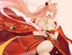 Rule 34 | 1girl, animal ear fluff, animal ears, blonde hair, breasts, cleavage, fate/grand order, fate (series), fox ears, fox girl, holding, holding sword, holding weapon, japanese clothes, katana, kimono, large breasts, long hair, mori yashiro (konkon oyashiro), open mouth, pink background, red kimono, simple background, solo, suzuka gozen (fate), suzuka gozen (third ascension) (fate), sword, weapon, wide sleeves, yellow eyes