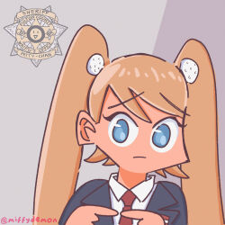 Rule 34 | 1girl, animification, blue eyes, blue jacket, closed mouth, collared shirt, commentary, cosplay, donald trump, donald trump (cosplay), english commentary, genderswap, genderswap (mtf), grey background, head tilt, highres, jacket, long hair, looking at viewer, meme, miffydemon, necktie, original, red necktie, shirt, simple background, solo, trump mugshot (meme), twitter username, two side up, upper body, white shirt