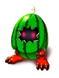 Rule 34 | artist request, digimon, digimon (creature), digitamamon, food, fruit, lowres, parody, simple background, standing, watermelon, what, white background