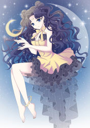 Rule 34 | 1girl, anklet, bad id, bad pixiv id, barefoot, bead necklace, beads, bishoujo senshi sailor moon, black hair, blue eyes, breasts, cleavage, crescent, crescent earrings, crescent facial mark, crescent necklace, die ying, double bun, dress, earrings, facial mark, frilled dress, frills, full body, hair bun, highres, jewelry, long hair, luna (sailor moon), luna (sailor moon) (human), neck ribbon, necklace, personification, ribbon, smile, solo, wavy hair, yellow dress
