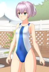 Rule 34 | 1girl, absurdres, aqua eyes, blue sky, breasts, cloud, collarbone, commentary request, competition swimsuit, cowboy shot, day, fence, highres, kantai collection, looking to the side, one-piece swimsuit, outdoors, painttool sai (medium), pink hair, ponytail, shiranui (kancolle), short hair, sky, small breasts, solo, standing, swimsuit, table, takafumi, tree, two-tone swimsuit