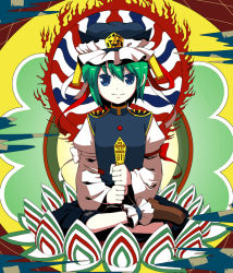 Rule 34 | 1girl, b-ginga, bad id, bad pixiv id, blue eyes, bow, female focus, fire, flat color, flower, green hair, hat, indian style, crossed legs, lotus, ribbon, rod of remorse, shiki eiki, short hair, sitting, solo, symbol-shaped pupils, touhou