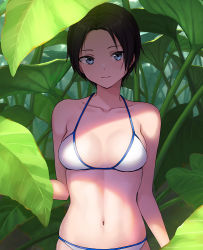 Rule 34 | 1girl, bare shoulders, bikini, black hair, blue eyes, breasts, breasts apart, cleavage, collarbone, commentary request, cowboy shot, day, hand up, hashi, leaf, looking at viewer, medium breasts, midriff, navel, original, parted bangs, shadow, short hair, sidelocks, smile, solo, standing, swimsuit, white bikini