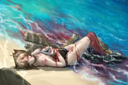 Rule 34 | 10s, 1girl, beach, blood, breasts, brown hair, defeat, gecko4488, injury, kantai collection, large breasts, mutsu (kancolle), nipple slip, nipples, personification, short hair, solo, tears, torn clothes