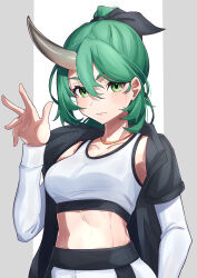 Rule 34 | 1girl, absurdres, arknights, arua (osmfc4zw9nsqnoi), commentary request, crop top, green eyes, green hair, hair between eyes, hand up, highres, horns, hoshiguma (arknights), jacket, long sleeves, looking at viewer, midriff, open clothes, open jacket, short hair, single horn, solo, sports bra, stomach, upper body