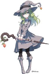 Rule 34 | 1girl, absurdres, black pantyhose, black ribbon, blue eyes, boots, character request, collared shirt, commentary request, dress, full body, green hair, grey dress, grey footwear, grey hat, hair between eyes, hat, hat ornament, highres, holding, holding staff, knee boots, light blush, long hair, long sleeves, neck ribbon, pantyhose, parted lips, rakutarou (rakutpi), ribbon, shirt, simple background, solo, staff, standing, striped clothes, striped shirt, twitter username, white background, white shirt, witch hat, wooden staff