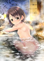 Rule 34 | 1girl, ass, bad id, bad pixiv id, blush, breasts, brown eyes, brown hair, closed mouth, commentary request, flo (guilty hearts), idolmaster, idolmaster cinderella girls, looking at viewer, looking back, nipples, nude, onsen, partially submerged, sasaki chie, small breasts, smile, snow, snowing, solo, steam, tree, water