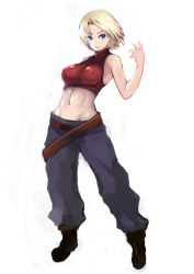 Rule 34 | 1girl, baggy pants, belt, blonde hair, blue eyes, blue mary, breasts, covered erect nipples, crop top, fatal fury, female focus, full body, groin, highres, johan (johan13), large breasts, midriff, multiple belts, navel, pants, short hair, skin tight, sleeveless, sleeveless turtleneck, snk, solo, the king of fighters, turtleneck