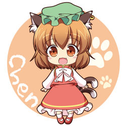 Rule 34 | 1girl, animal ears, brown eyes, brown hair, cat ears, cat tail, chen, chibi, earrings, fang, hat, jewelry, looking at viewer, lowres, multiple tails, paw print, pila-pela, solo, tail, touhou
