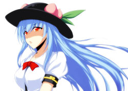 Rule 34 | 1girl, :&lt;, bad id, bad pixiv id, blue hair, bow, dean (momodean), female focus, food, fruit, hat, hinanawi tenshi, long hair, peach, red eyes, short sleeves, simple background, solo, touhou