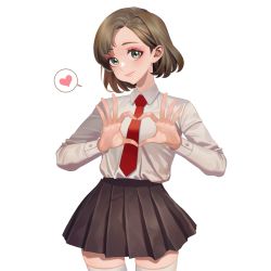 Rule 34 | 1girl, black skirt, blush, brown hair, closed mouth, collared shirt, eyebrows, eyeshadow, green eyes, heart, heart hands, highres, hongcasso, long sleeves, looking at viewer, makeup, necktie, original, pleated skirt, red eyeshadow, red necktie, shirt, short hair, simple background, skirt, smile, solo, speech bubble, spoken heart, thighhighs, white background, white shirt, white thighhighs