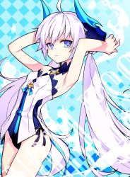 Rule 34 | + +, 1girl, ahoge, armpits, arms behind back, arms up, bad id, bad twitter id, bare arms, bare shoulders, black panties, blue eyes, bow, braid, breasts, chain, cowboy shot, detached collar, dress, elsword, feet, french braid, highres, horns, hwansang, jewelry, leotard, long hair, looking at viewer, low twintails, luciela r. sourcream, noblesse (elsword), panties, parted lips, pointy ears, side-tie panties, small breasts, solo, standing, strapless, strapless leotard, symbol-shaped pupils, twintails, underwear, very long hair, white hair