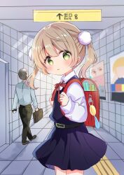 Rule 34 | 1boy, 1girl, aged down, backpack, bag, belt, blue dress, blush, briefcase, brown hair, child, commentary request, crime prevention buzzer, dress, from side, green eyes, hair ornament, hallway, highres, indie virtual youtuber, long hair, looking at viewer, nanami ayane (kusunoki5050), pants, pinafore dress, pom pom (clothes), pom pom hair ornament, randoseru, school uniform, shigure ui (vtuber), shigure ui (vtuber) (young), shirt, shukusei!! loli-gami requiem, sleeveless, sleeveless dress, the exit 8, twintails, virtual youtuber, white shirt