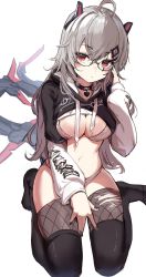 Rule 34 | 1girl, ahoge, black nails, bra, breasts, cleavage, clothes lift, cropped hoodie, glasses, grey hair, highres, hood, hoodie, indie virtual youtuber, mechanical tail, nail polish, orobou, red eyes, saruei (vtuber), scar, scar across eye, scar on face, shirt lift, sitting, solo, tail, thighhighs, underwear, virtual youtuber, wariza