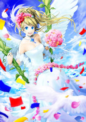 Rule 34 | 1girl, angel wings, bad id, bad pixiv id, bare shoulders, bird, blonde hair, blue eyes, choker, cloud, confetti, day, dove, dress, earrings, flower, hair flower, hair ornament, jewelry, nanano ayano, necklace, open mouth, original, petals, plant, sky, smile, solo, vines, wedding, wedding dress, wings