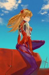 Rule 34 | 1girl, absurdres, ass, blue eyes, blue sky, bodysuit, breasts, foot out of frame, hair between eyes, headgear, high collar, highres, interface headset, laio, long hair, looking to the side, medium breasts, neon genesis evangelion, orange hair, outdoors, pilot suit, plugsuit, profile, red bodysuit, science fiction, sitting, sky, solo, souryuu asuka langley, twintails