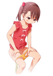 Rule 34 | 1girl, akamatsu yui, blush, bow, bow panties, brown hair, closed mouth, collarbone, cropped legs, female focus, flat chest, hair bobbles, hair ornament, half-closed eyes, happy, looking down, lunalu9, mitsuboshi colors, one side up, orange panties, panties, panty pull, peeing, red shirt, shirt, short sleeves, simple background, smile, solo, standing, underwear, white background, yellow eyes