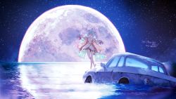 Rule 34 | 1girl, :d, ahoge, bare shoulders, blue hair, car, closed eyes, commentary, commission, dress, facing viewer, frilled sleeves, frills, full moon, hair between eyes, highres, long hair, long sleeves, moon, motor vehicle, night, night sky, off-shoulder dress, off shoulder, open hands, open mouth, original, outstretched arms, reflection, signature, skeb commission, sky, smile, solo, star (sky), starry sky, teeth, upper teeth only, very long hair, water, white dress, wide shot, yoshioka yoshiko
