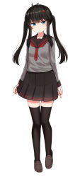 Rule 34 | 1girl, black hair, black sailor collar, black skirt, black thighhighs, blue eyes, blush, breasts, brown footwear, closed mouth, full body, grey shirt, hair ornament, head tilt, highres, loafers, long hair, long sleeves, looking at viewer, necktie, original, pleated skirt, red necktie, sailor collar, school uniform, serafuku, shirt, shoes, sidelocks, simple background, skirt, small breasts, solo, standing, thick eyebrows, thighhighs, twintails, white background, yakob labo