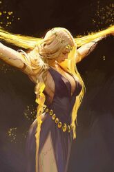 Rule 34 | 1girl, absurdres, bare shoulders, black dress, blonde hair, braid, breasts, broken skin, closed eyes, closed mouth, commentary, cracked skin, crucifixion, dress, elden ring, english commentary, gold armlet, gold belt, gold crown, gold diadem, hair over shoulder, halterneck, highres, large breasts, long hair, looking down, queen, queen marika the eternal, ruan zoe, side slit, solo, very long hair