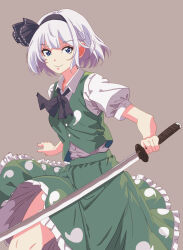 Rule 34 | 1girl, black bow, black bowtie, black hairband, blue eyes, bow, bowtie, brown background, closed mouth, collared shirt, commentary request, green skirt, green vest, hairband, highres, hitodama print, holding, holding sword, holding weapon, katana, konpaku youmu, looking at viewer, nere stella, puffy short sleeves, puffy sleeves, shirt, short hair, short sleeves, skirt, skirt set, smile, solo, sword, touhou, unsheathed, vest, weapon, white hair, white shirt