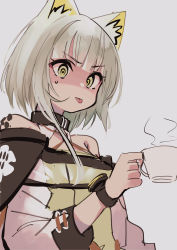 Rule 34 | 1girl, animal ear fluff, animal ears, arknights, bare shoulders, cat&#039;s tongue, cat ears, closed mouth, coffee mug, commentary request, cup, detached collar, dress, green dress, green eyes, green hair, grey background, hand up, highres, holding, holding cup, kal&#039;tsit (arknights), material growth, mug, off-shoulder dress, off shoulder, oripathy lesion (arknights), short hair with long locks, simple background, solo, sweatdrop, tetuw, tongue, tongue out, upper body, watch, wristwatch