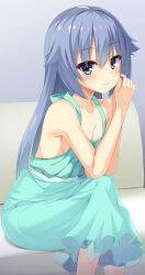 Rule 34 | 1boy, absurdres, alternate hair length, alternate hairstyle, aqua dress, aria (koiiroharemoyou), bare arms, bare shoulders, blue hair, blush, cleavage cutout, closed mouth, clothing cutout, collarbone, commentary request, couch, crossed legs, dress, elbows on knees, eyelashes, eyes visible through hair, feet out of frame, grey background, grey eyes, hair between eyes, hands up, highres, indoors, lips, long dress, long hair, looking at viewer, on couch, own hands together, riddle joker, shiny skin, simple background, sitting, smile, solo, straight hair, suou kyouhei, trap, very long hair