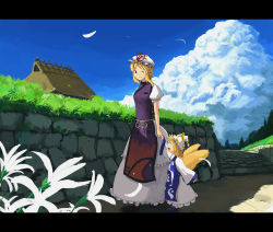 Rule 34 | 2girls, absurdres, bad id, bad pixiv id, blonde hair, cloud, day, female focus, flower, holding hands, hat, highres, letterboxed, multiple girls, one eye closed, outdoors, sky, tail, touhou, wind, wink, yakumo ran, yakumo yukari, you (shimizu), aged down