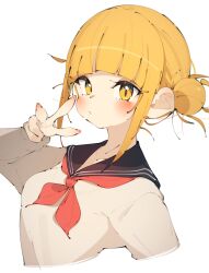 Rule 34 | 1girl, black sailor collar, blonde hair, blunt bangs, blush, boku no hero academia, brown sweater, collarbone, commentary, cropped arms, cropped torso, dot nose, double bun, hair bun, hand up, highres, long sleeves, looking at viewer, messy hair, neckerchief, nib pen (medium), parted lips, rasusurasu, red neckerchief, sailor collar, short hair with long locks, sidelocks, simple background, solo, straight hair, sweater, symbol-only commentary, toga himiko, traditional media, tsurime, upper body, v, white background, yellow eyes