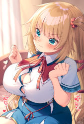 Rule 34 | 1girl, akai haato, akai haato (1st costume), blonde hair, blue eyes, blue skirt, blush, breasts, bursting belly, bursting breasts, button gap, cleavage, closed mouth, collared shirt, commentary request, cowboy shot, dress shirt, hair ornament, hair ribbon, hands up, heart, heart-shaped pupils, heart hair ornament, high-waist skirt, highres, hololive, indoors, large breasts, long hair, looking away, magowasabi, nail polish, neck ribbon, one side up, plump, popped button, red nails, red ribbon, ribbon, shirt, short sleeves, signature, sitting, skirt, solo, symbol-shaped pupils, thighs, translation request, twitter username, undersized clothes, v-shaped eyebrows, very long hair, virtual youtuber, white shirt