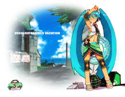 Rule 34 | 1girl, aqua hair, arm up, bikini, bikini bottom only, cd case, crab, digital media player, elbow pads, food, fruit, green eyes, hatsune miku, headphones, highres, innertube, ipod, knee pads, long hair, mouth hold, navel, popsicle, sandals, sarong, solo, sonjow4, swim ring, swimsuit, twintails, very long hair, vocaloid, watermelon