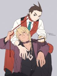 Rule 34 | 2boys, ace attorney, animal collar, antenna hair, apollo justice, aqua necktie, black pants, black shirt, blonde hair, bracelet, breast pocket, brown eyes, brown hair, chain necklace, clenched hand, closed mouth, collar, collared shirt, dated, double leash, drill hair, fingernails, formal, grey background, grey eyes, hair between eyes, hand on another&#039;s chest, highres, holding, holding leash, jacket, jewelry, klavier gavin, knee up, lapel pin, lapels, leash, leash pull, looking at viewer, male focus, medium hair, midriff peek, multiple boys, multiple rings, necklace, necktie, nennen (nene19515), open clothes, open collar, open jacket, pants, pectoral cleavage, pectorals, pocket, popped collar, purple collar, purple jacket, red collar, red pants, red suit, red vest, ring, shirt, short hair, sitting, sleeves rolled up, smile, smug, suit, suit jacket, swept bangs, thumb ring, twitter username, v-shaped eyebrows, vest, white shirt, yaoi