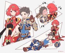 Rule 34 | 1boy, 1girl, breasts, brown eyes, brown hair, hand on another&#039;s head, lap pillow, large breasts, mochimochi (xseynao), nintendo, own hands together, pyra (xenoblade), red eyes, red hair, rex (xenoblade), short shorts, shorts, sleeping, thighhighs, xenoblade chronicles (series), xenoblade chronicles 2