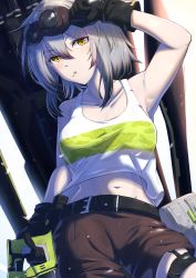 Rule 34 | 1girl, belt, black belt, black gloves, breasts, brown shorts, closed mouth, collarbone, croque (neural cloud), eyewear on head, feet out of frame, from below, girls&#039; frontline, girls&#039; frontline neural cloud, gloves, grey hair, hair ornament, hairclip, highres, holding, looking at viewer, medium breasts, medium hair, navel, safety glasses, shirt, shorts, simple background, solo, standing, white shirt, xlscaler, yellow eyes