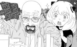 Rule 34 | anya (spy x family), bald, beaker, beard, behind another, breaking bad, child, closed mouth, cone hair bun, dress, facial hair, forest, glasses, goatee, greyscale, hair bun, highres, holding pipette, looking at another, medium hair, minecraft, monochrome, mustache, nature, open mouth, pipe in mouth, smoking pipe, sparkle, spy x family, test tube, upper body, walter white, wrinkled skin, xyanaid