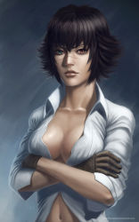 Rule 34 | 1girl, black hair, blouse, blue eyes, breasts, brown gloves, capcom, cleavage, collarbone, crossed arms, deviantart, devil may cry (series), dress shirt, female focus, gloves, heterochromia, highres, konstantin krutikhin, kostanryuk (artist), lady (devil may cry), large breasts, lips, looking at viewer, navel, no bra, parted lips, red eyes, scar, shirt, short hair, solo, unbuttoned, upper body, watermark, web address