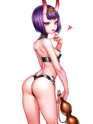 Rule 34 | 1girl, :p, alcohol, arched back, arm at side, ass, bare shoulders, blunt bangs, bob cut, breasts, cowboy shot, eyelashes, fate/grand order, fate (series), finger to mouth, from behind, gourd, hair ornament, heart, highres, holding, horns, jewelry, licking, licking finger, looking at viewer, looking back, miurika, oni, purple eyes, purple hair, revealing clothes, short hair, shuten douji (fate), sideboob, skin-covered horns, small breasts, solo, standing, string, thong, tongue, tongue out, white background