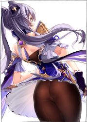 Rule 34 | ass, blue skirt, braid, brown pantyhose, choker, coat, collared dress, cone hair bun, double bun, dress, facing away, feathers, flower, frilled gloves, frills, genshin impact, gloves, hair bun, hair ornament, hairpin, hand on own hip, highres, kei (soundcross), keqing (genshin impact), long hair, looking at viewer, looking back, overcoat, pantyhose, purple choker, purple dress, purple eyes, purple hair, skirt, solo, thighs, twintails, white background, white flower