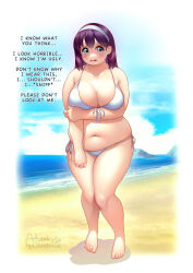 Rule 34 | 1girl, arm across chest, artist name, barefoot, beach, bikini, blue eyes, blue sky, blush, border, breasts, cleavage, clenched hands, cloud, cloudxmoe, cloudy sky, collarbone, contrapposto, day, earrings, english text, full body, furrowed brow, hair between eyes, hairband, highres, horizon, jewelry, large breasts, long hair, looking at viewer, navel, ocean, original, outdoors, outside border, parted lips, plump, purple hair, sand, shadow, side-tie bikini bottom, sky, solo, standing, string bikini, stud earrings, swimsuit, tareme, tearing up, thick arms, thick thighs, thighs, water, white bikini, white border