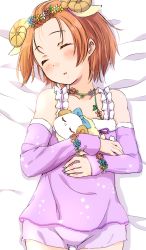 Rule 34 | 1girl, animal ears, bangs pinned back, bed sheet, blush, commentary request, detached sleeves, extra ears, closed eyes, flower, flower bracelet, flower necklace, frills, gluteal fold, hands on own chest, head wreath, highres, horns, hoshizora rin, jewelry, long sleeves, love live!, love live! school idol festival, love live! school idol project, lying, necklace, on back, open mouth, orange hair, pajamas, purple pajamas, purple shorts, sen (sen0910), sheep ears, sheep horns, short hair, short shorts, shorts, sleeping, solo, star (symbol), star print, stuffed animal, stuffed sheep, stuffed toy