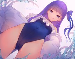 Rule 34 | 1girl, :q, bare shoulders, blue bow, blue choker, blue eyes, blue one-piece swimsuit, blue ribbon, blunt bangs, bow, breasts, choker, closed mouth, collarbone, commentary request, covered navel, fate/grand order, fate (series), gluteal fold, hair between eyes, hair ribbon, highleg, highleg swimsuit, highres, licking lips, long hair, long sleeves, looking at viewer, meltryllis, meltryllis (fate), meltryllis (swimsuit lancer) (fate), meltryllis (swimsuit lancer) (second ascension) (fate), munuu, naughty face, one-piece swimsuit, partially submerged, purple hair, ribbon, sleeves past wrists, small breasts, smile, solo, strapless, strapless one-piece swimsuit, swimsuit, tongue, tongue out, wading pool, water