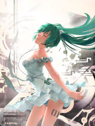 Rule 34 | 1girl, bare shoulders, cancer (zjcconan), character name, closed eyes, dress, floating hair, green hair, hatsune miku, headset, highres, panties, solo, striped clothes, striped panties, tattoo, underwear, vocaloid