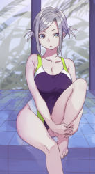 Rule 34 | 1girl, awashima seri, barefoot, breasts, commentary request, commission, competition swimsuit, feet out of frame, green eyes, hugging own legs, k-project, large breasts, mitsuyo (mituyo324), one-piece swimsuit, purple one-piece swimsuit, short hair, silver hair, solo, swimsuit, twintails