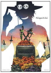Rule 34 | 1boy, death, flower, hand on headwear, hand on own hip, hat, knife, male focus, one piece, portgas d. ace, silhouette, smiley, sunset, sword, tombstone, weapon