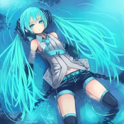 Rule 34 | 1girl, adapted costume, afloat, aqua eyes, aqua hair, bad id, bad pixiv id, belt, chain, detached sleeves, hatsune miku, headphones, kaneni, long hair, lying, necktie, on back, partially submerged, short shorts, shorts, solo, thighhighs, twintails, very long hair, vocaloid, water