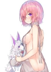 Rule 34 | 1girl, aran sweater, ass, backless dress, backless outfit, bad id, bad twitter id, bare back, bare shoulders, blush, breasts, butt crack, cable knit, dress, eyes visible through hair, fate/grand order, fate (series), fou (fate), hair over one eye, hakuishi aoi, halterneck, looking at viewer, looking back, mash kyrielight, medium breasts, meme attire, naked sweater, pink hair, purple eyes, sideboob, simple background, smile, solo, sweater, sweater dress, turtleneck, turtleneck sweater, virgin killer sweater, white background