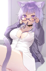 Rule 34 | 1girl, adjusting eyewear, ahoge, animal ears, ass, black jacket, blush, breasts, cat ears, cat girl, cat tail, cleavage, collar, collarbone, collared shirt, dress shirt, glasses, highres, hololive, jacket, long sleeves, looking at viewer, nekomata okayu, omaru (0marufestival), partially unbuttoned, purple eyes, purple hair, ribbon, shirt, sitting, solo, tail, thighs, unbuttoned, virtual youtuber
